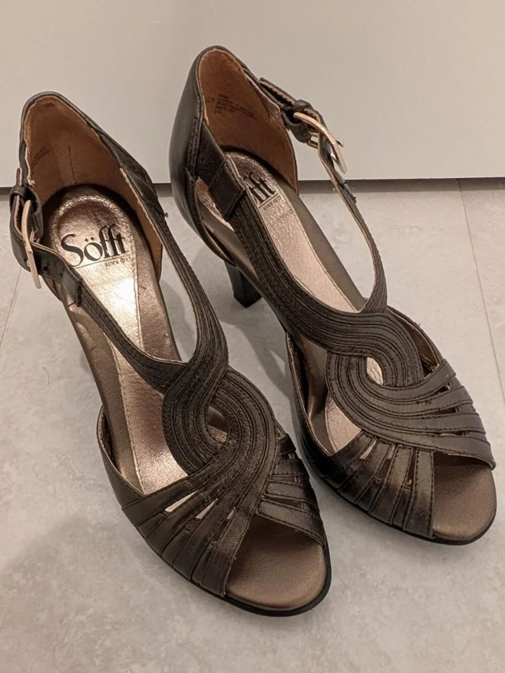 Sofft 6.5W Graciella Bronze Leather Open Peep Toe High Heel Dress Sandals - Picture 2 of 13